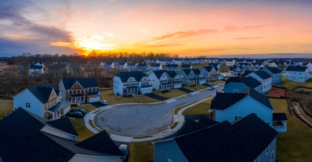 aerial-view-of-residential-neighborhood-during-sunset